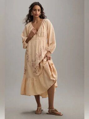 Anthropologie Peach Embroidered V- neck Maxi dress XL NWT